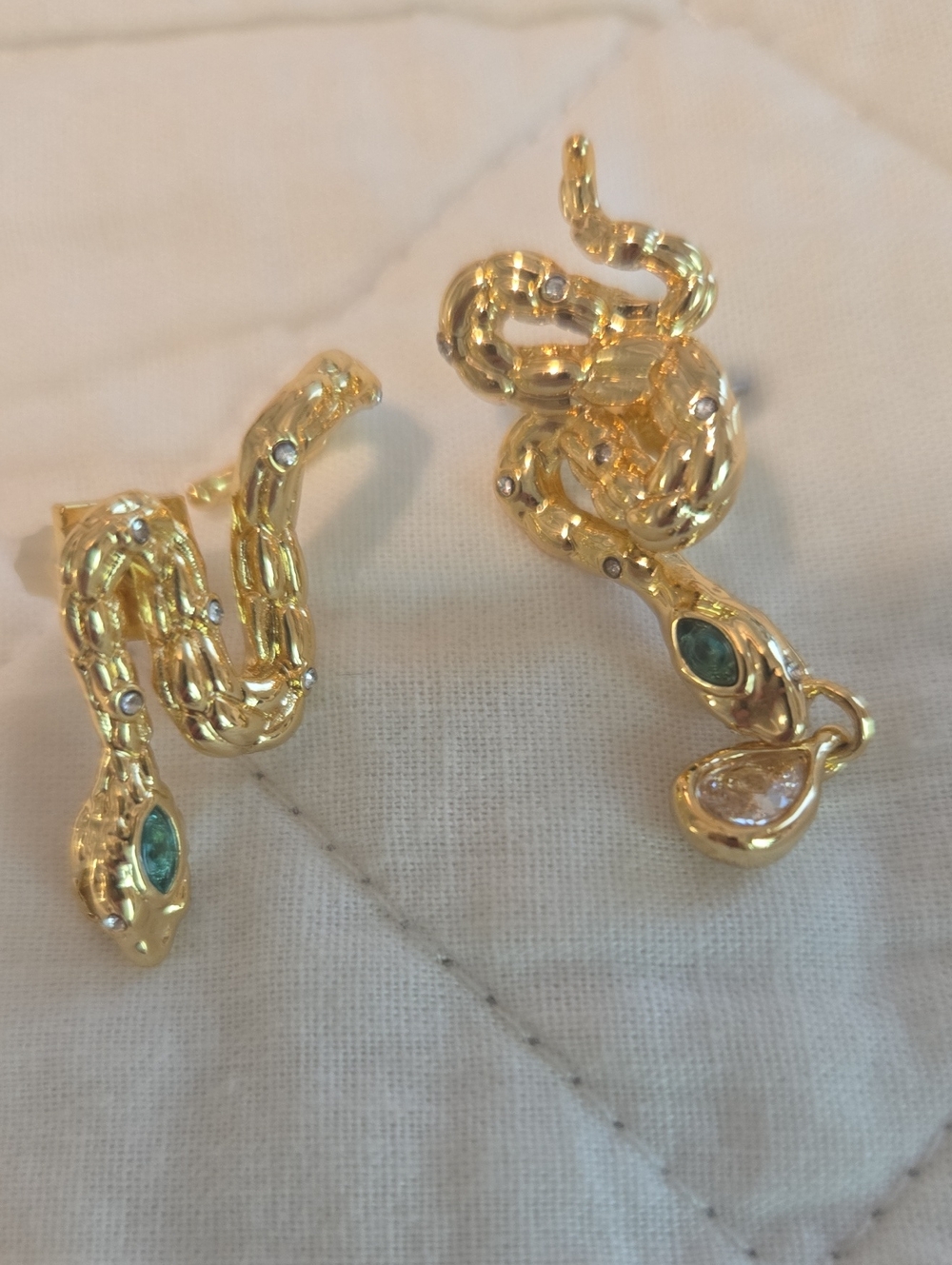 Alexis Bittar Gold Tone Snake Earrings with Green and Clear Stones